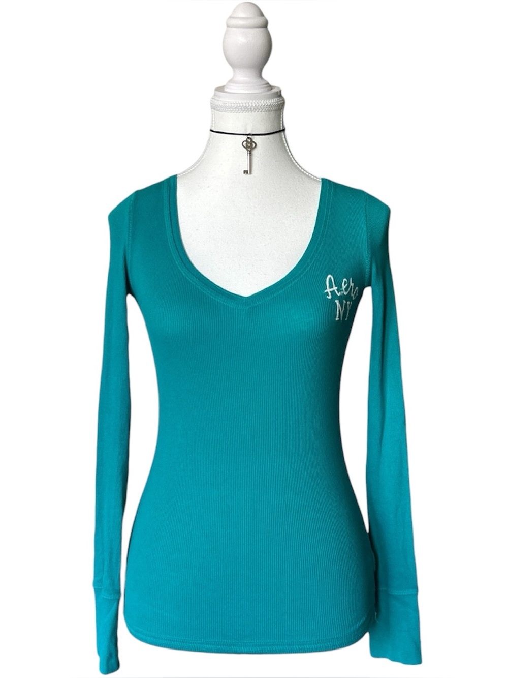 Y2K “Aeropostale” Basic Teal Embroidered Long Sleeve Ribbed Top